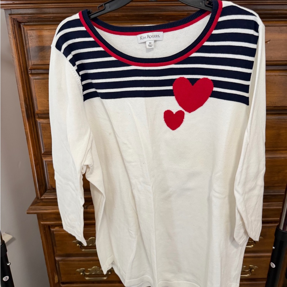 Kim Rogers White and Navy Striped Sweater with Red Hearts